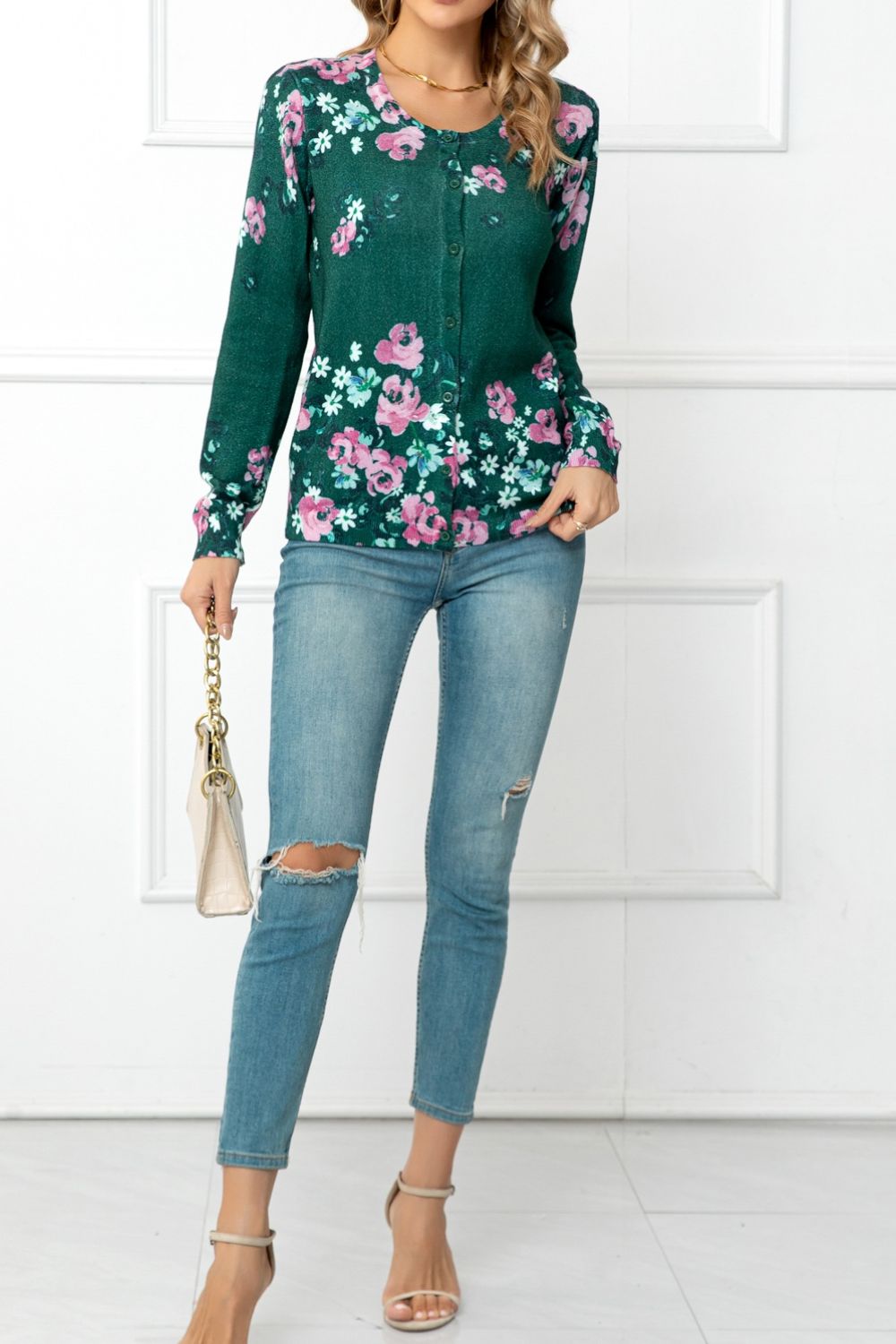 swvws Floral Button Front Round Neck Cardigan