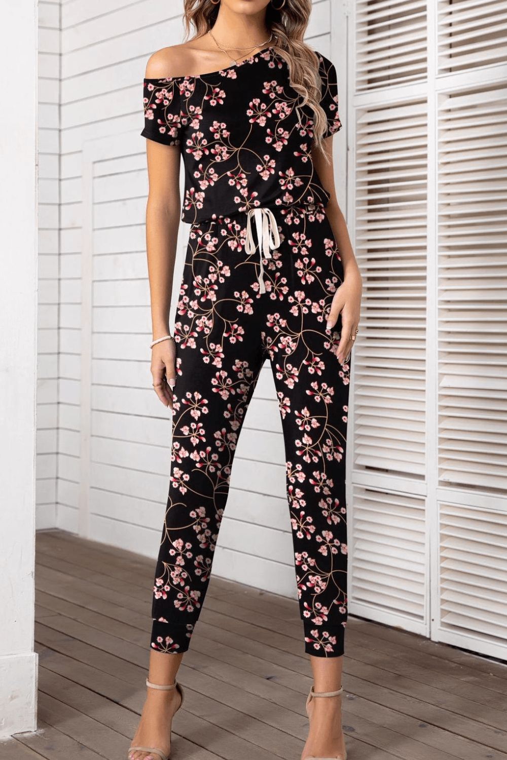 swvws Asymmetrical Neck Short Sleeve Jumpsuit