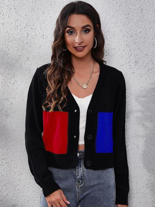 swvws Color Block Button Up Long Sleeve Cardigan