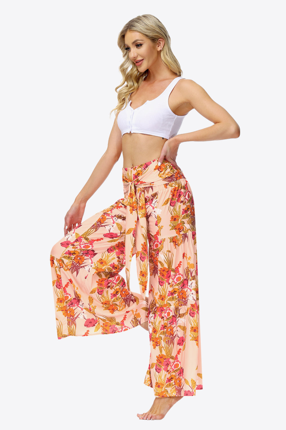 swvws Floral Tie-Waist Tiered Culottes