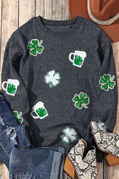 swvws Lucky Clover Beer Sequin Round Neck Sweatshirt