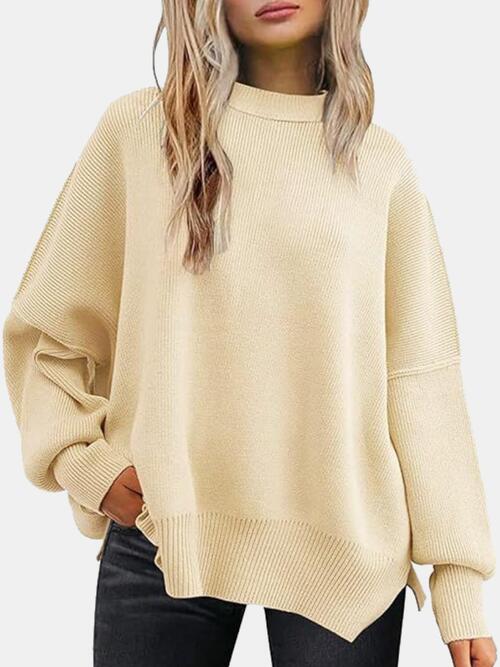 swvws Round Neck Drop Shoulder Slit Sweater