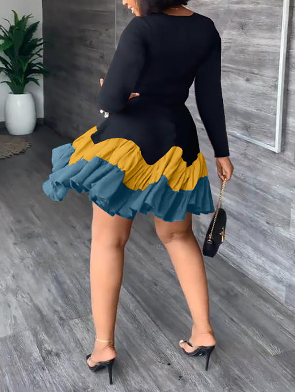 Sixsr Color Block Ruffle Mini Dress