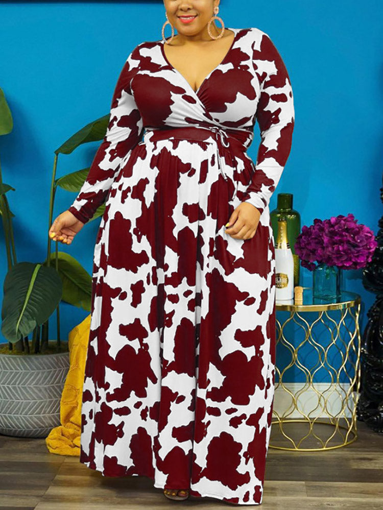 Sixsr Cow Print V Neck Wrap Dress