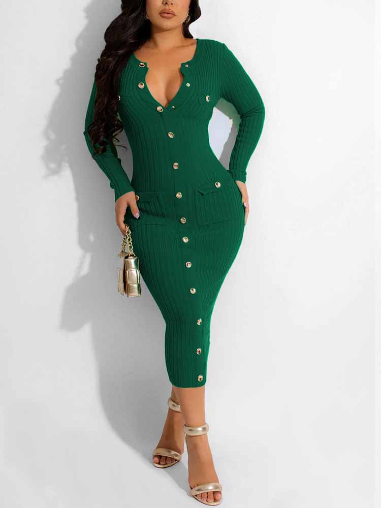 Sixsr Button Ribbed Midi Pencil Dresses