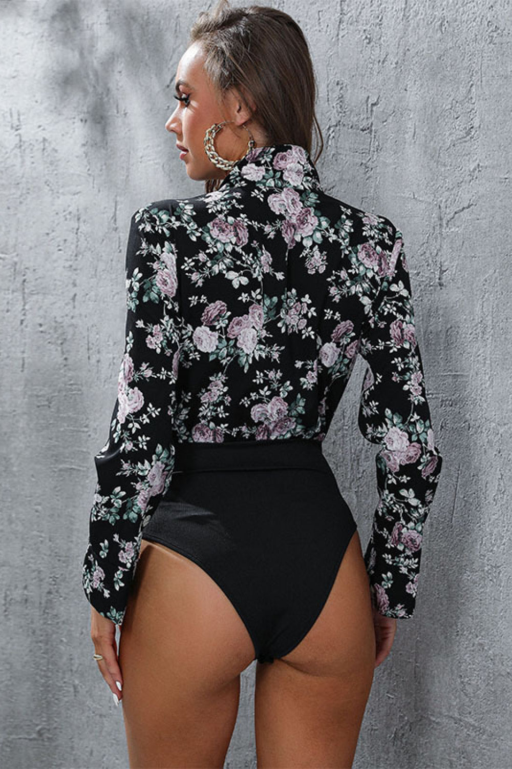 swvws Floral Lapel Collar Spliced Bodysuit