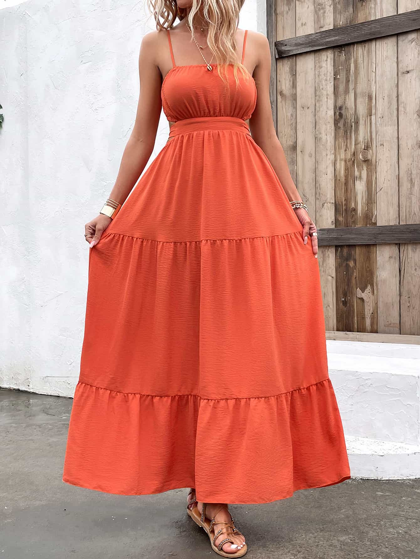 swvws Spaghetti Strap Cutout Tie Back Maxi Dress