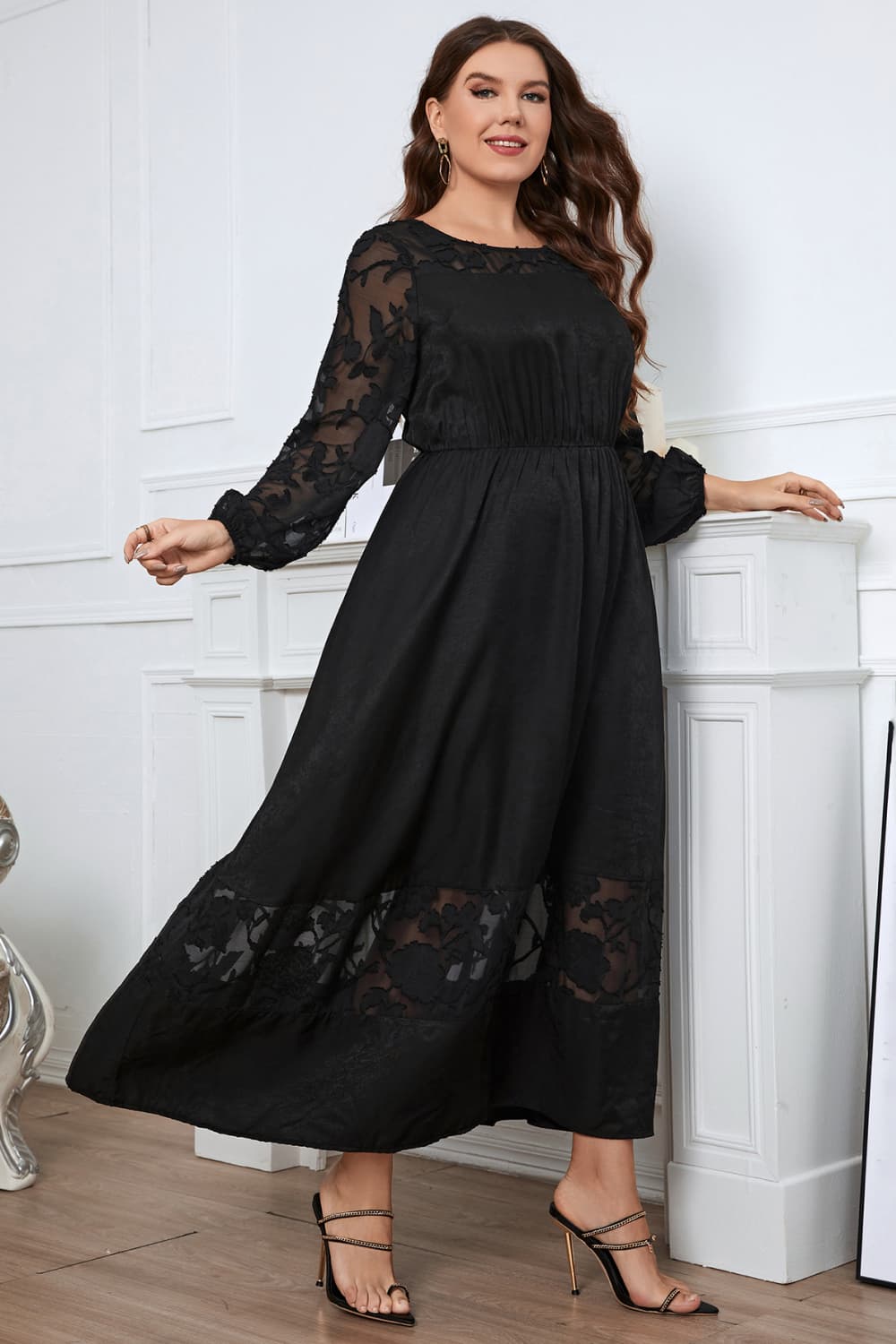 swvws Melo Apparel Plus Size Embroidery Round Neck Long Sleeve Maxi Dress