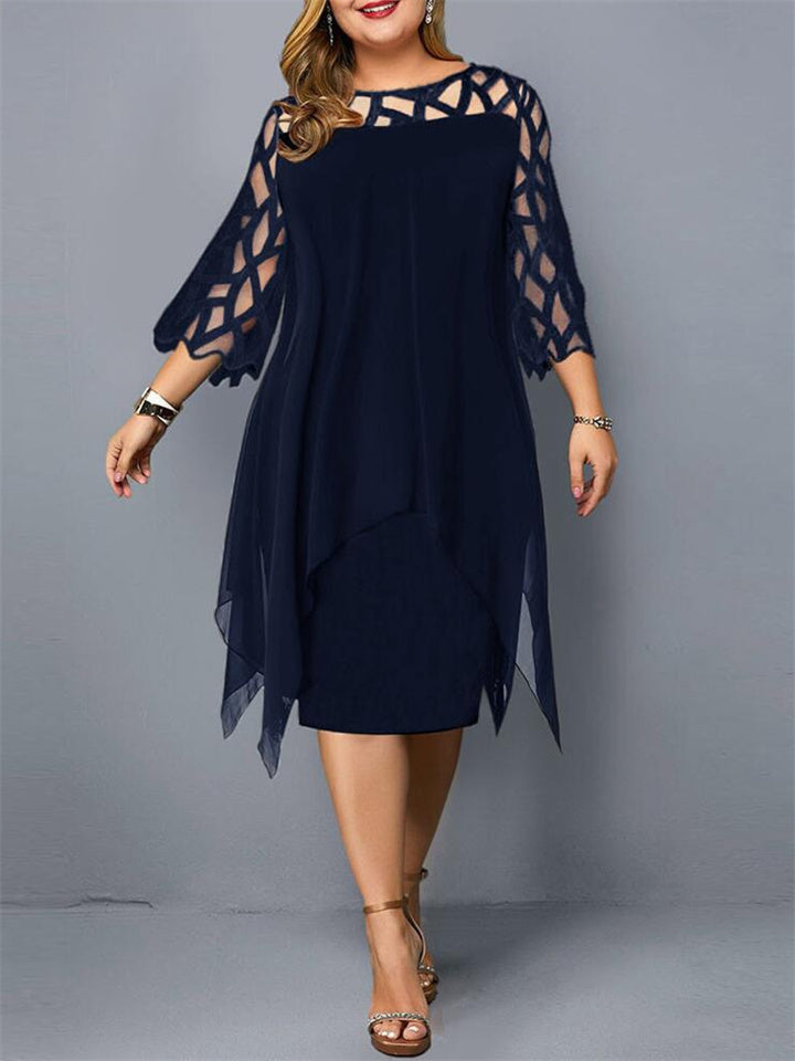 swvws Women's Plus Size Party Dress Solid Color Crew Neck Lace 3/4 Length Sleeve Fall Spring Elegant Midi Dress Formal Party Dress