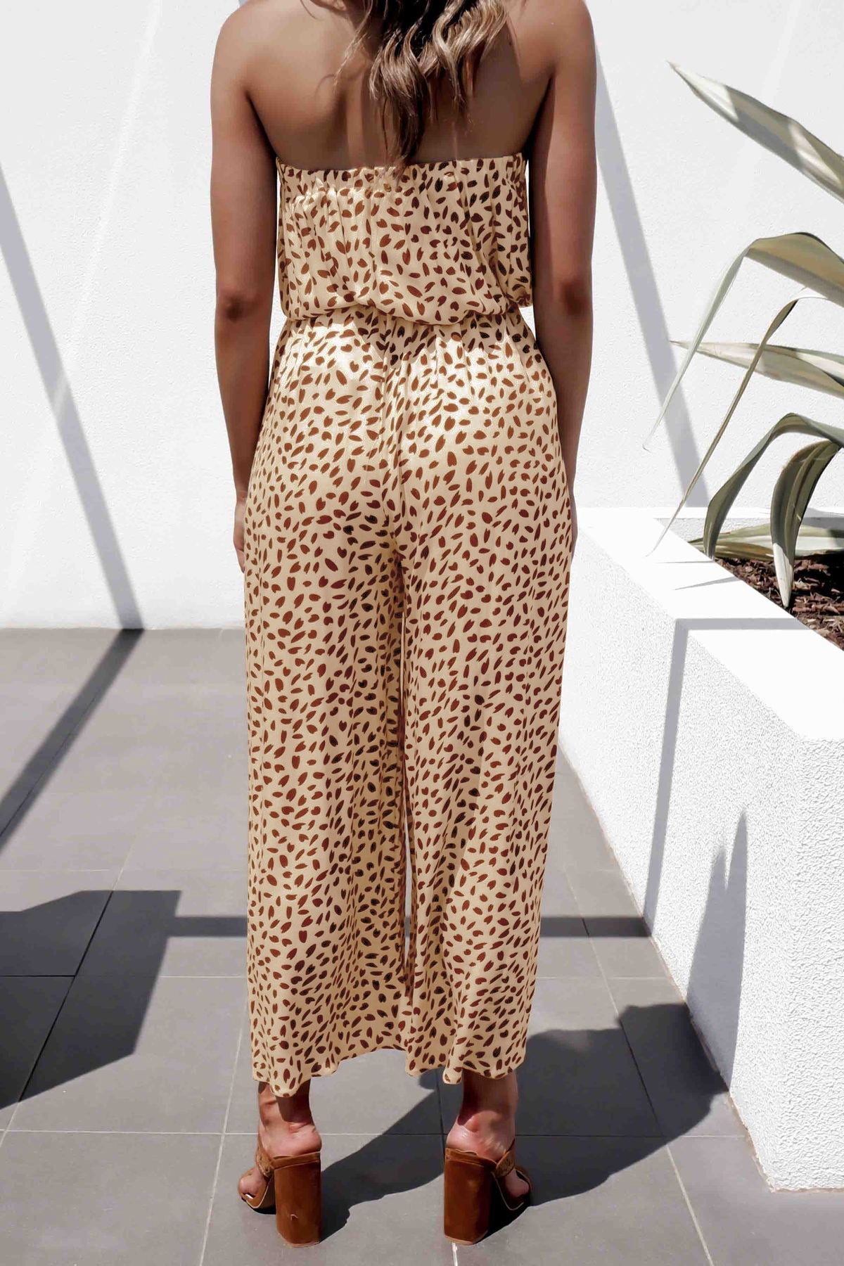 swvws Printed Strapless Tie Waist Wide Leg Jumpsuit