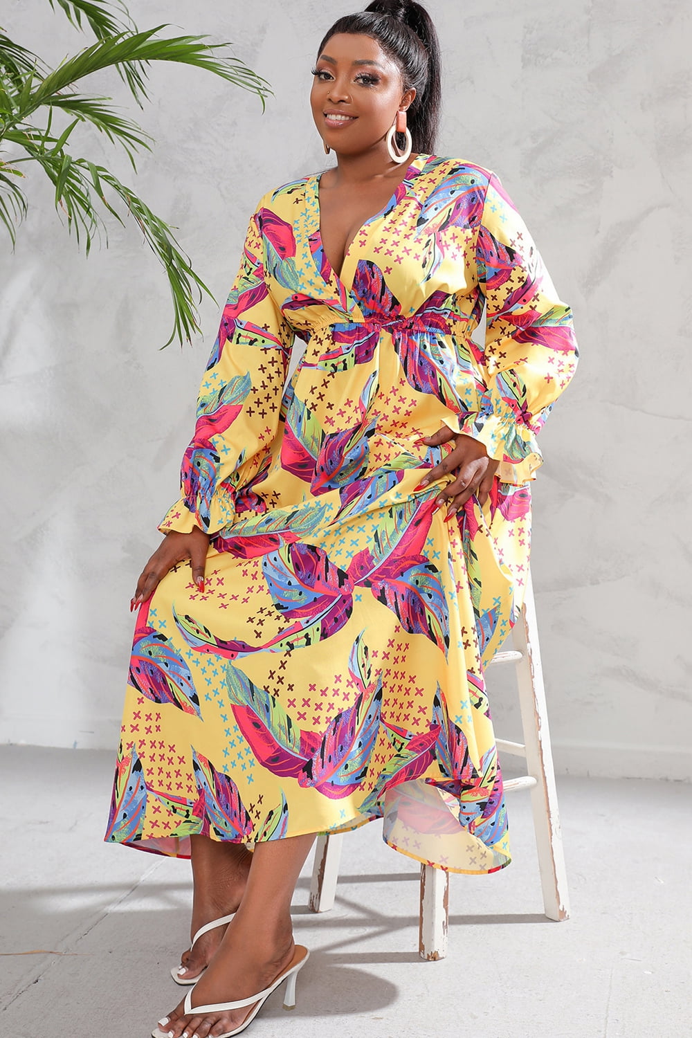 swvws Plus Size Printed Flounce Sleeve Maxi Dress