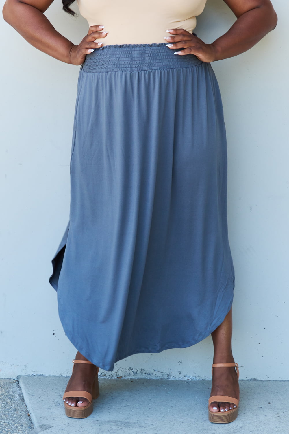 themeisles Doublju Comfort Princess Full Size High Waist Scoop Hem Maxi Skirt in Dusty Blue