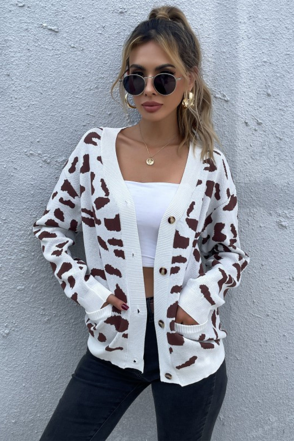 swvws Animal Print Button Front Sweater Cardigan