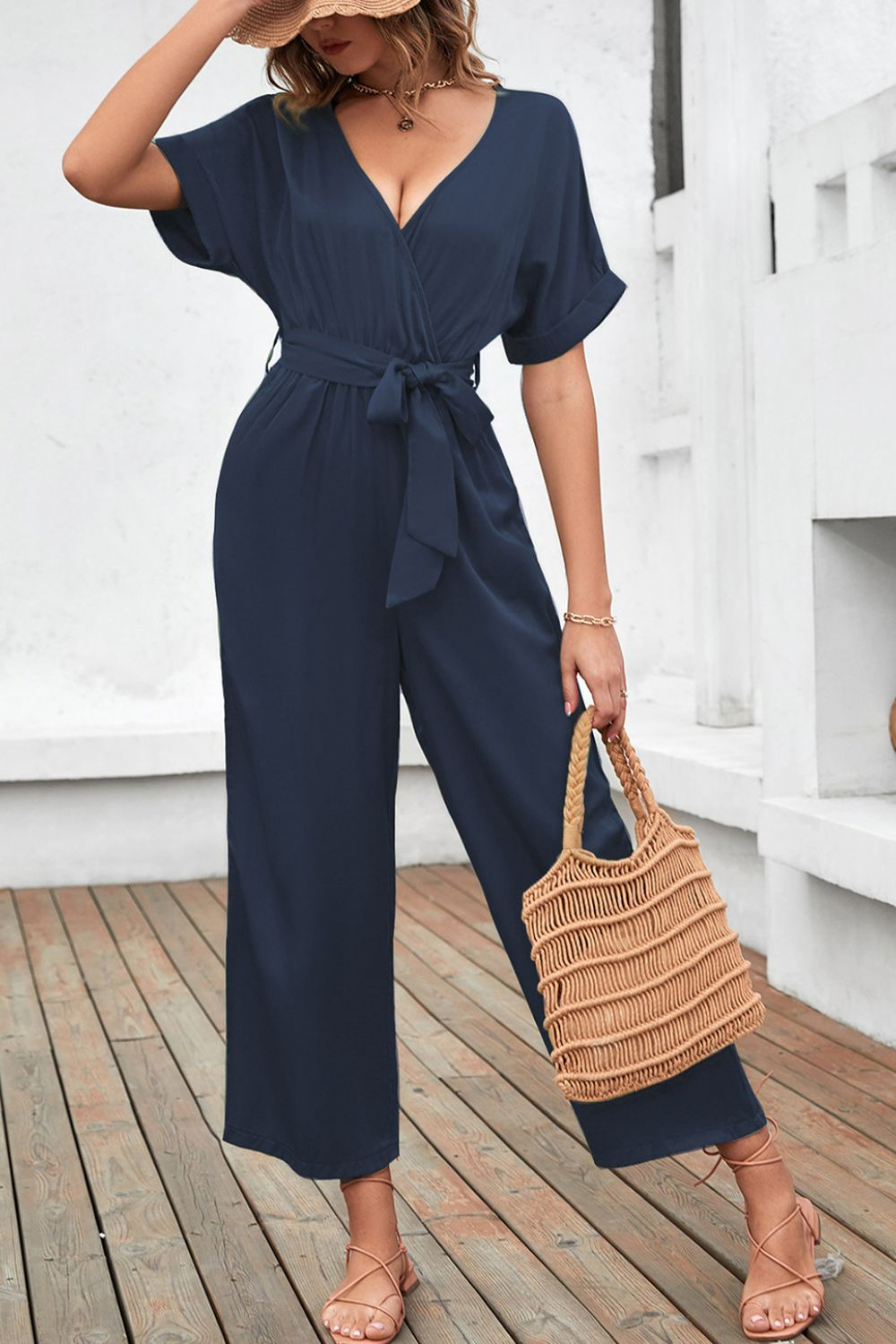 swvws Tie-Waist Surplice Wide Leg Jumpsuit