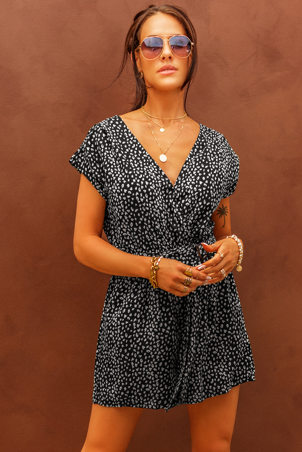 swvws Printed Short Sleeve Romper with Belt