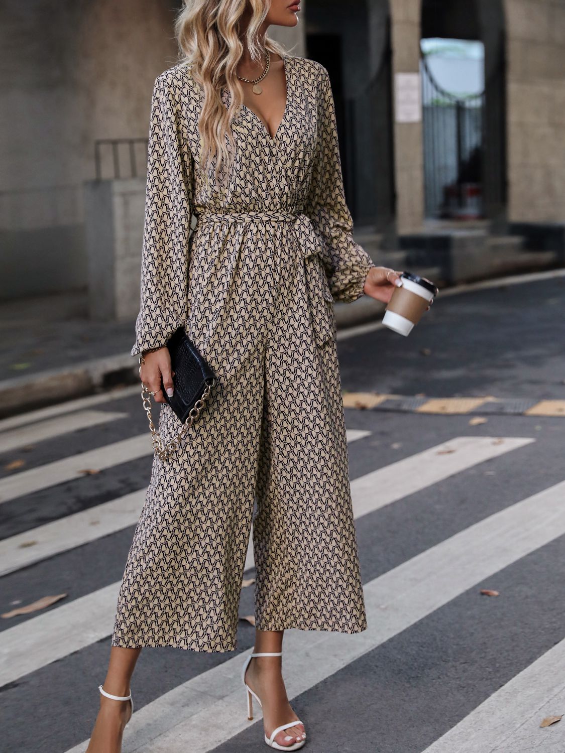 swvws Printed Surplice Neck Tie Waist Wide Leg Jumpsuit