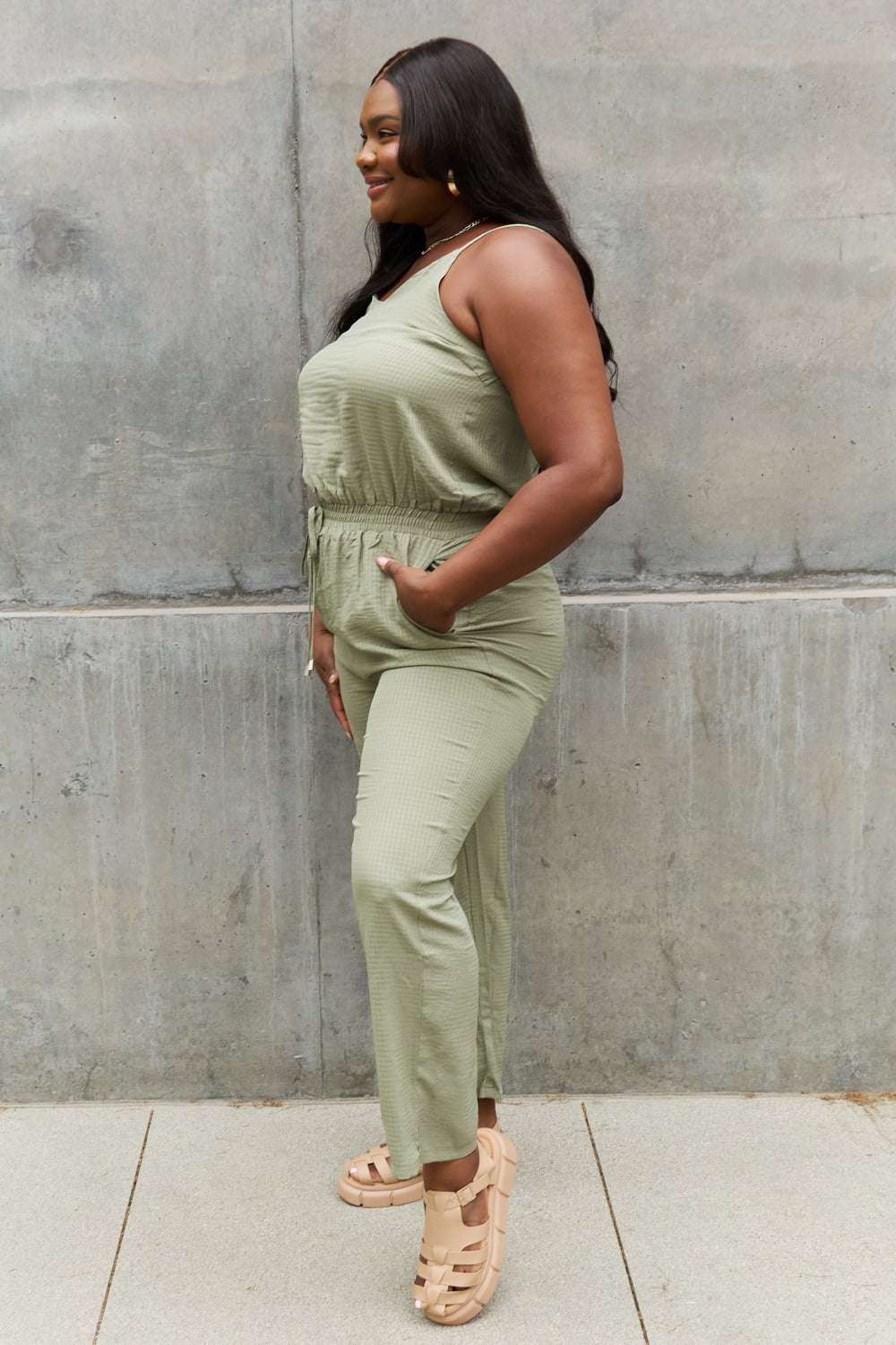 swvws ODDI Full Size Textured Woven Jumpsuit in Sage