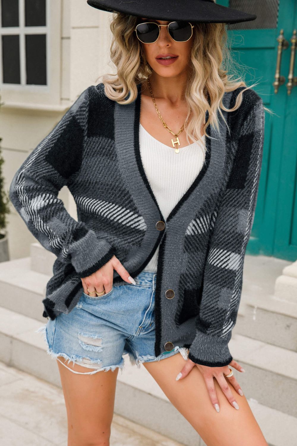 swvws Striped Button-Front Fuzzy Cardigan