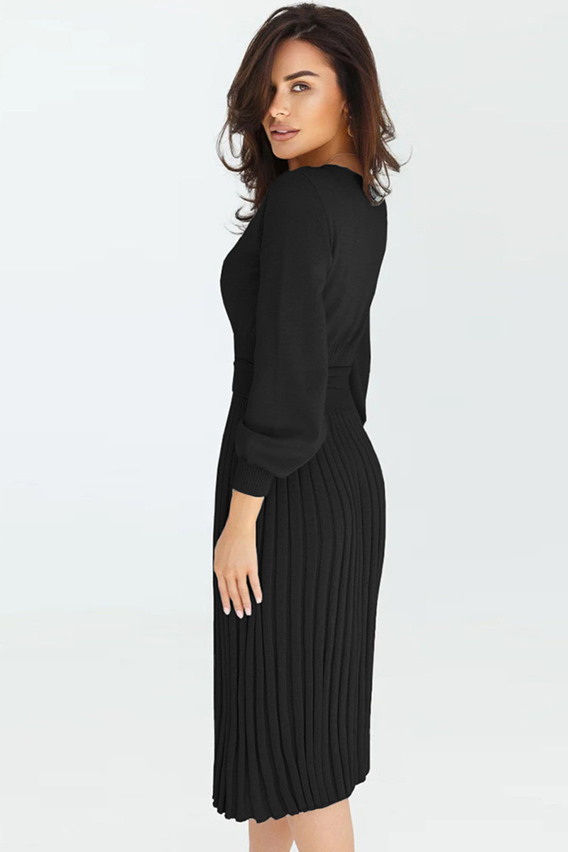 swvws Round Neck Long Sleeve Pleated Sweater Dress