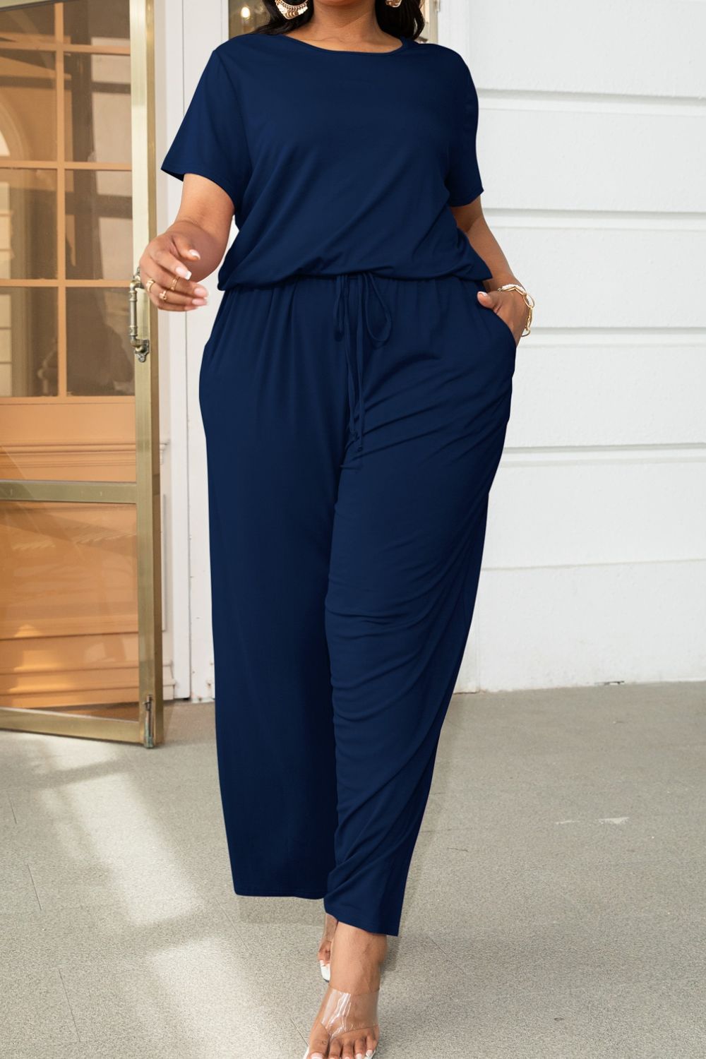 swvws Plus Size Drawstring Waist Short Sleeve Jumpsuit