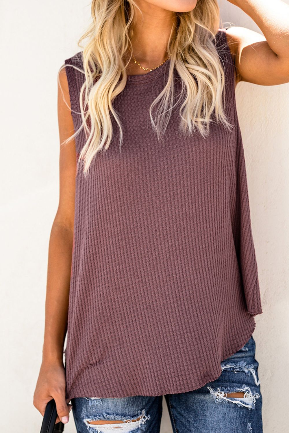 swvws Waffle Knit Round Neck Tank