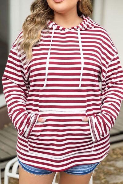 swvws Plus Size Drawstring Striped Dropped Shoulder Hoodie