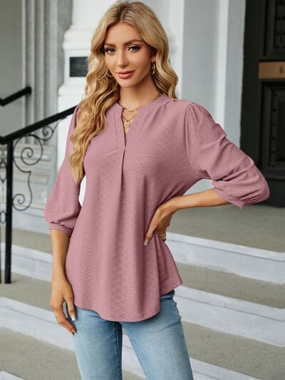 swvws Textured Notched Three-Quarter Sleeve Blouse