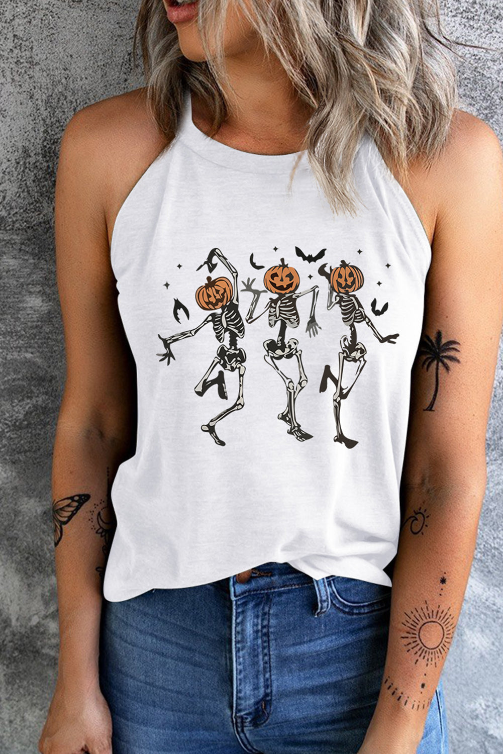 swvws Round Neck Dancing Pumpkin Head Skeleton Graphic Tank