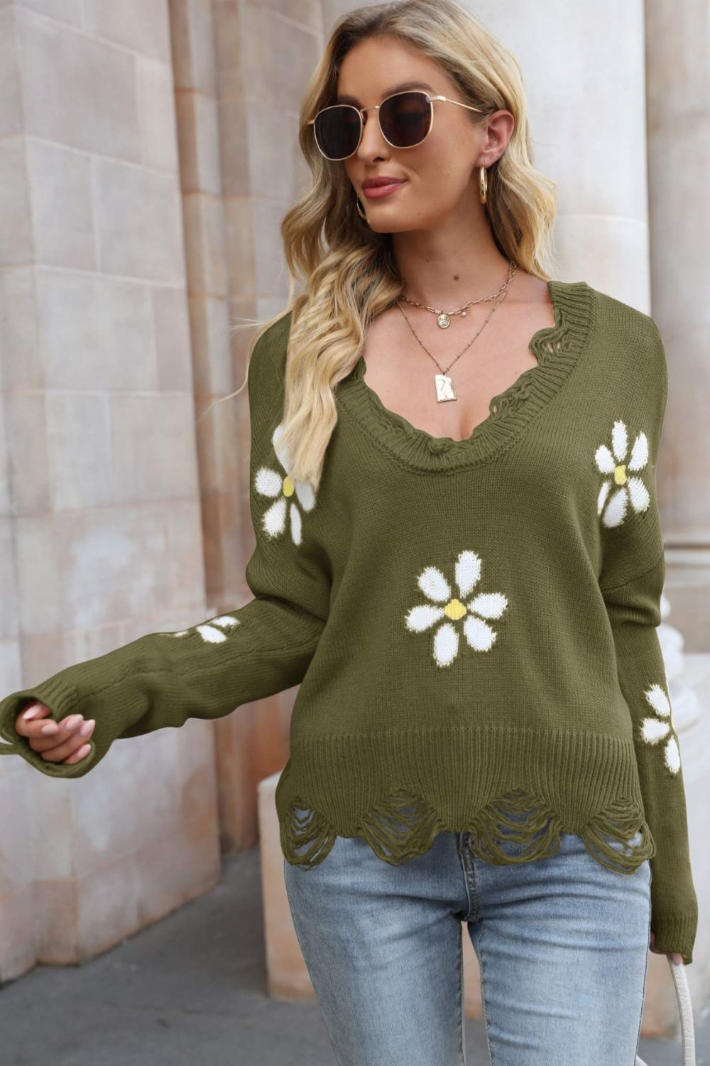 swvws Flower Distressed Ribbed Trim Sweater