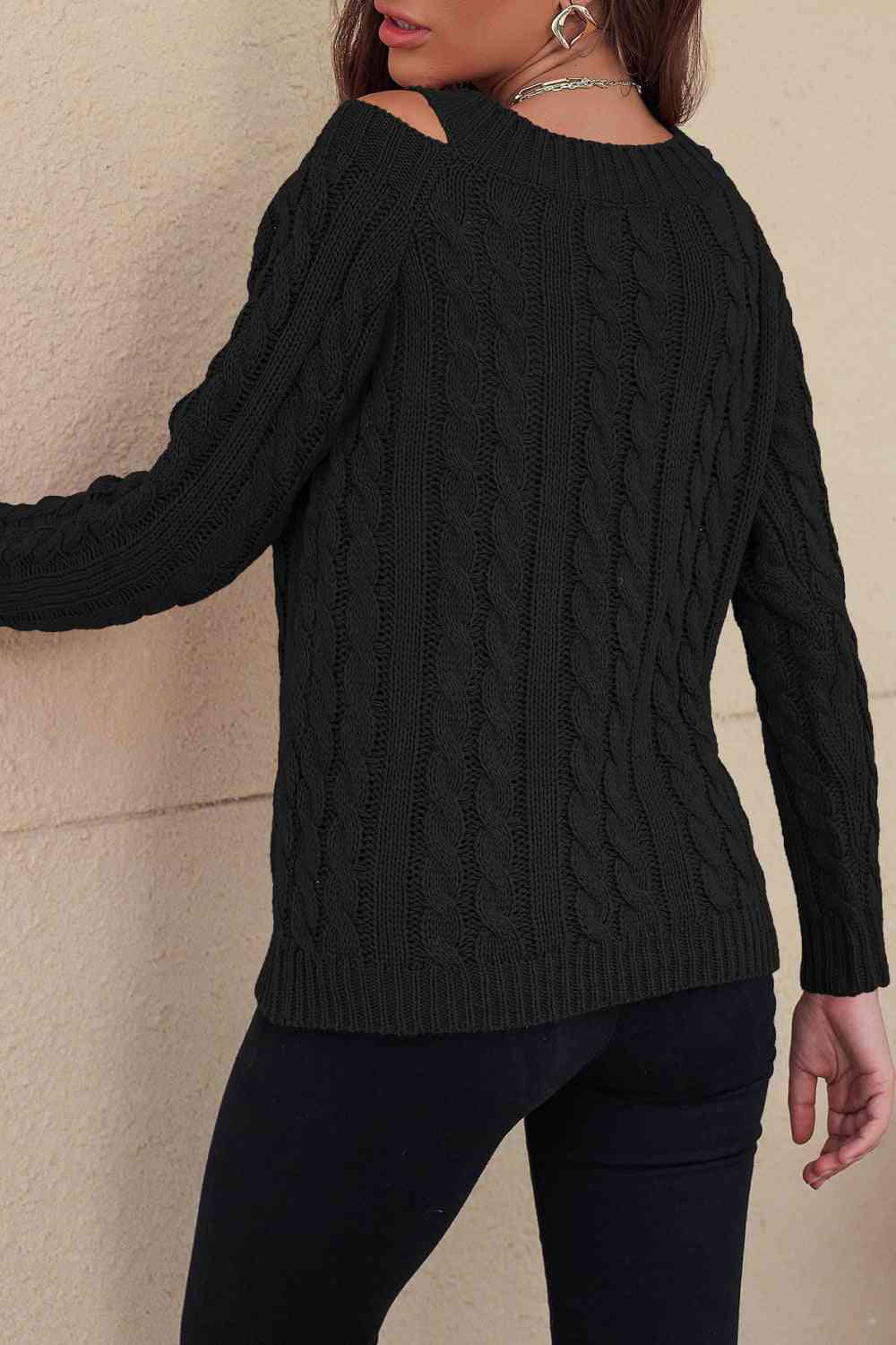 swvws Woven Right Cable-Knit Cold-Shoulder Long Sleeve Sweater