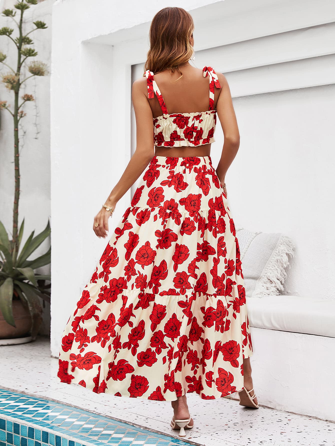 swvws Floral Tie Shoulder Top and Tiered Maxi Skirt Set