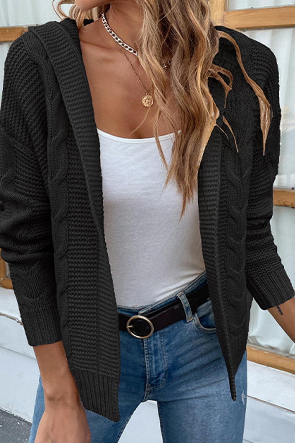 swvws Cable-Knit Dropped Shoulder Hooded Cardigan