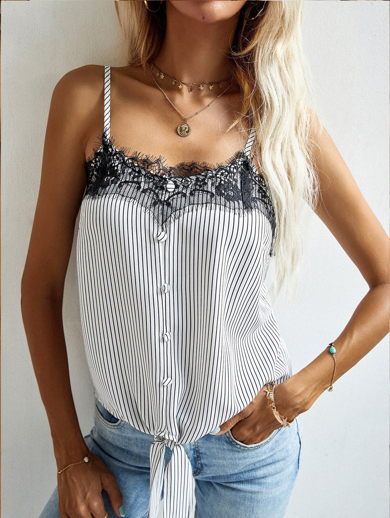 swvws Sweetheart Neck Lace Detail Tie Front Striped Cami