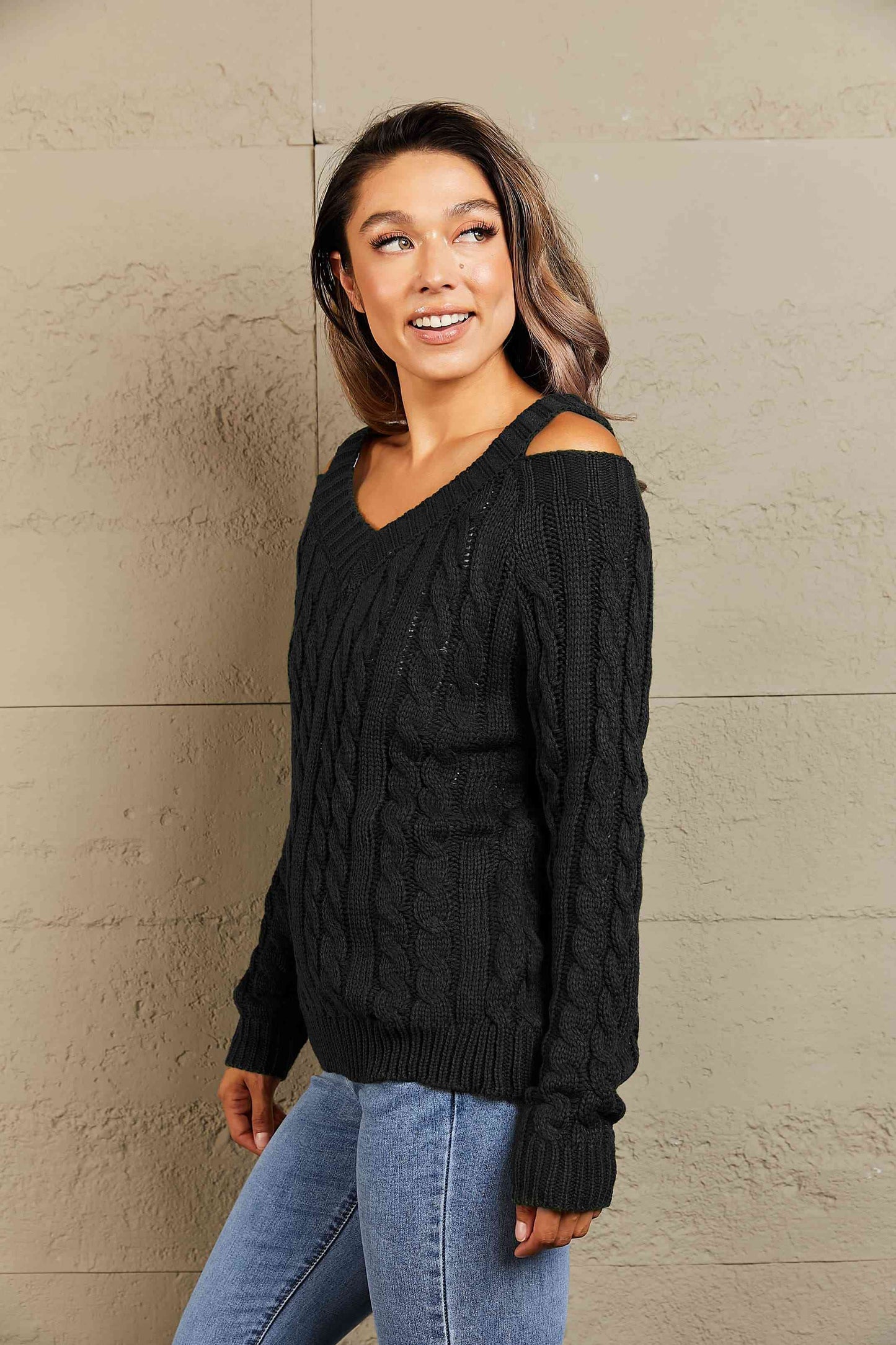 swvws Woven Right Cable-Knit Cold-Shoulder Long Sleeve Sweater