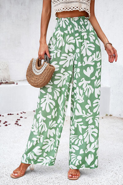 swvws Smocked Printed Wide Leg Pants with Pockets