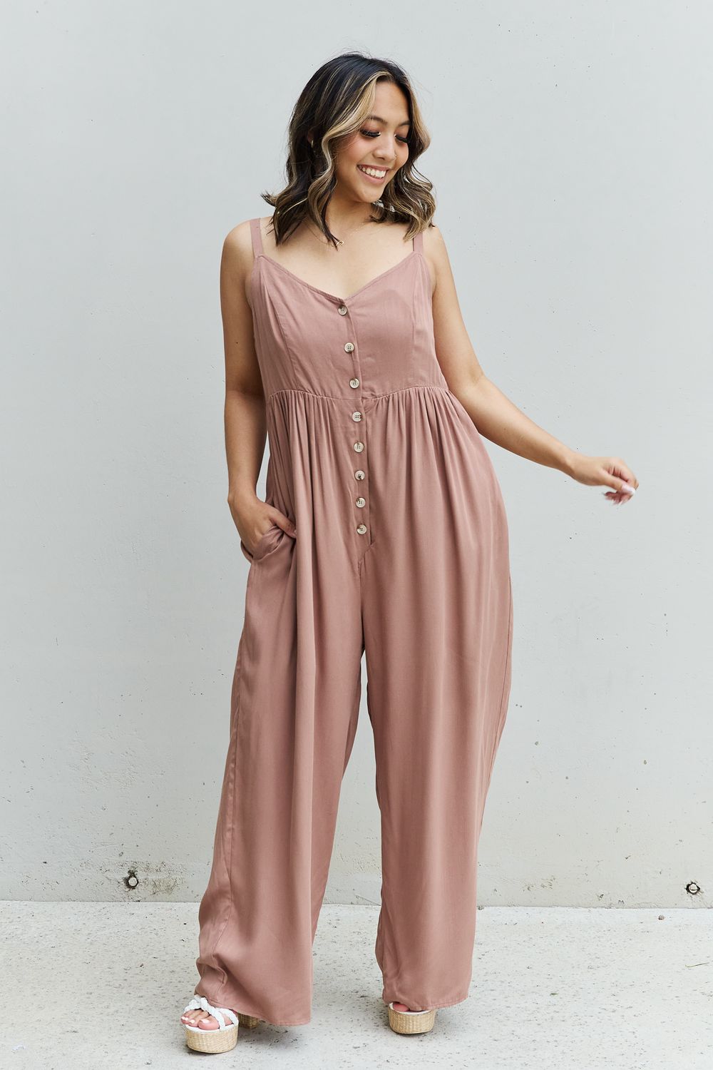 swvws HEYSON All Day Full Size Wide Leg Button Down Jumpsuit in Mocha