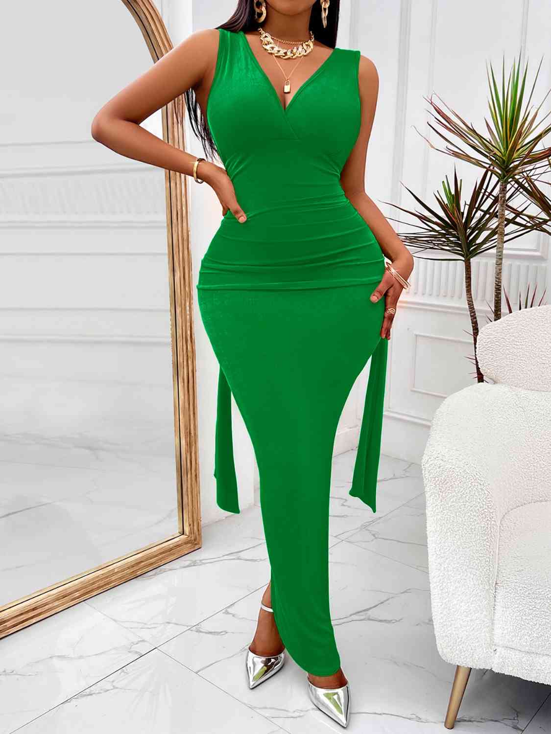 swvws Backless Ruched Slit Maxi Dress