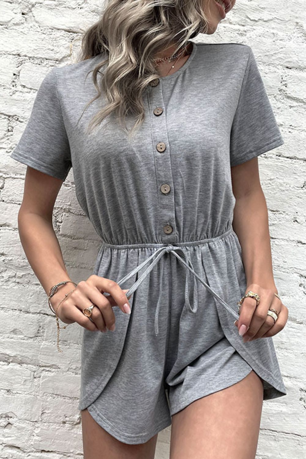 swvws Buttoned Drawstring Round Neck Romper