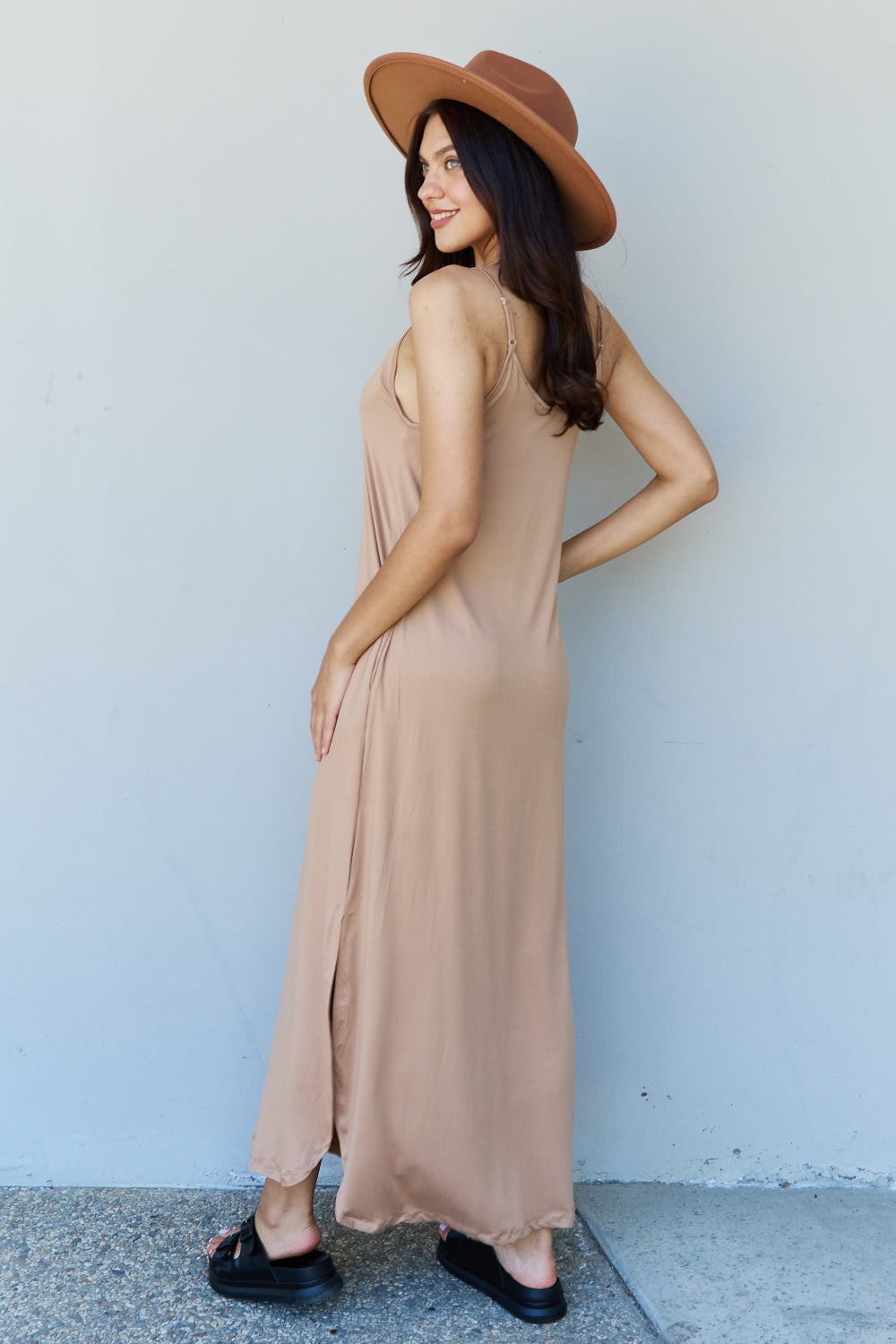 swvws Ninexis Good Energy Full Size Cami Side Slit Maxi Dress in Camel