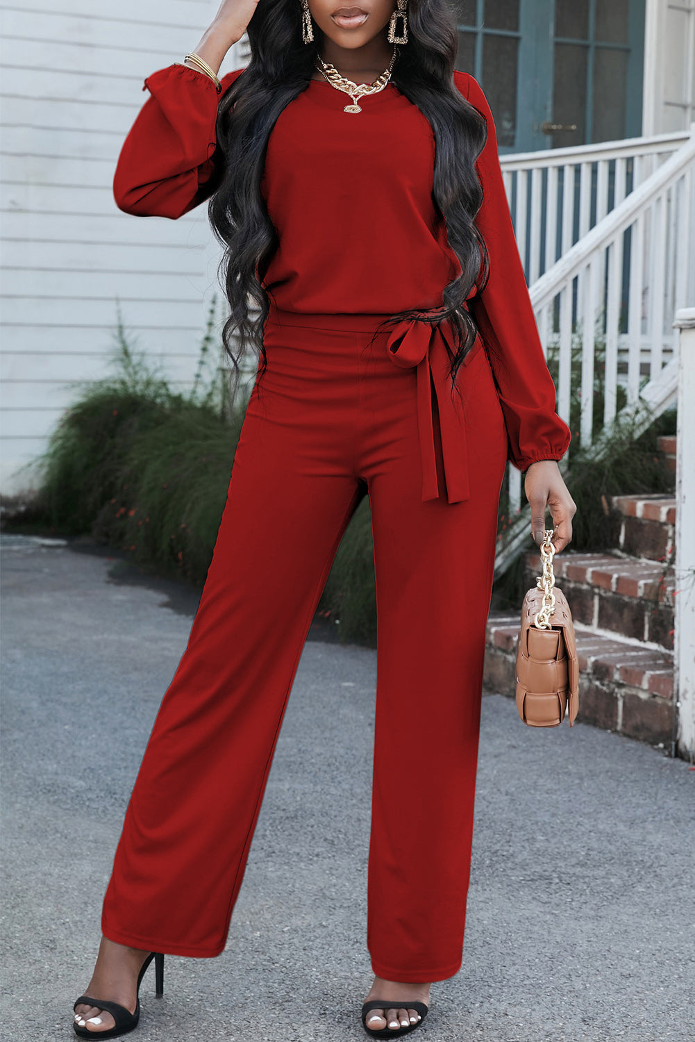 swvws Boat Neck Tie Belt Jumpsuit