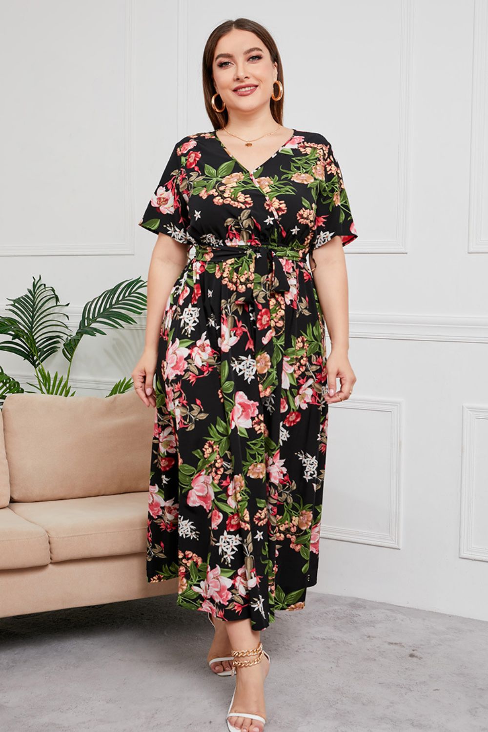 swvws Plus Size Printed Surplice Short Sleeve Maxi Dress