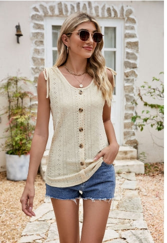 swvws Full Size Decorative Button Eyelet Tied Tank