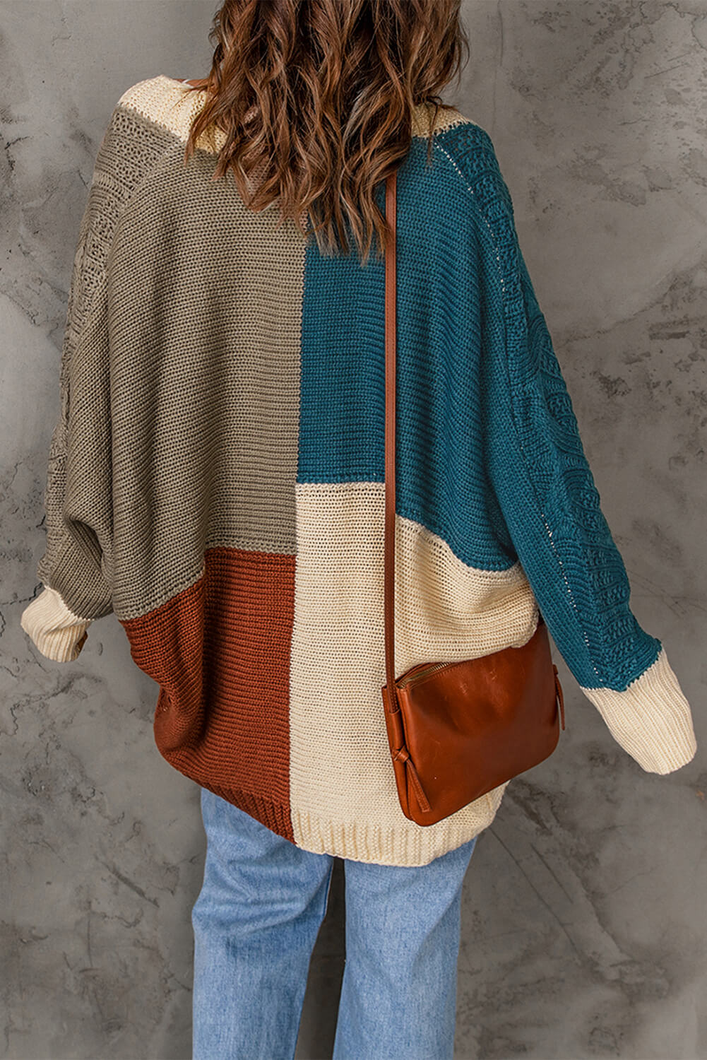 swvws Color Block Cable-Knit Batwing Sleeve Cardigan