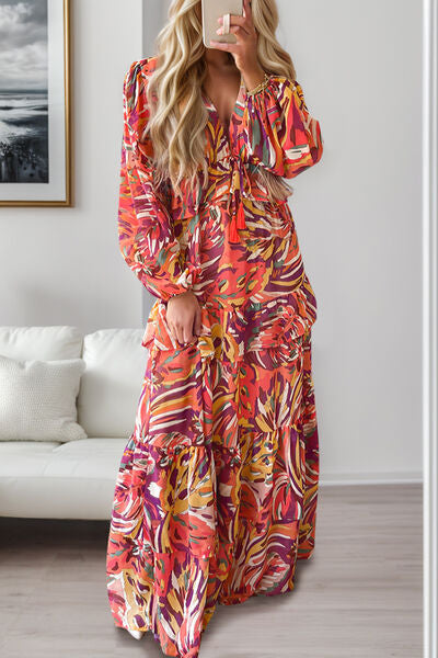 swvws Printed Ruffled V-Neck Tiered Dress