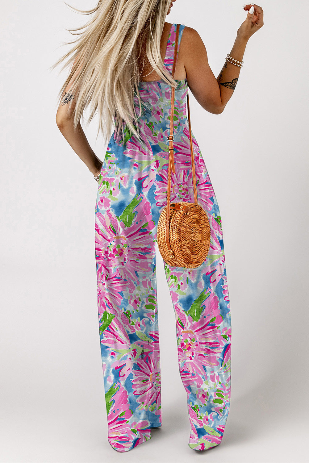 swvws Floral Smocked Square Neck Jumpsuit with Pockets