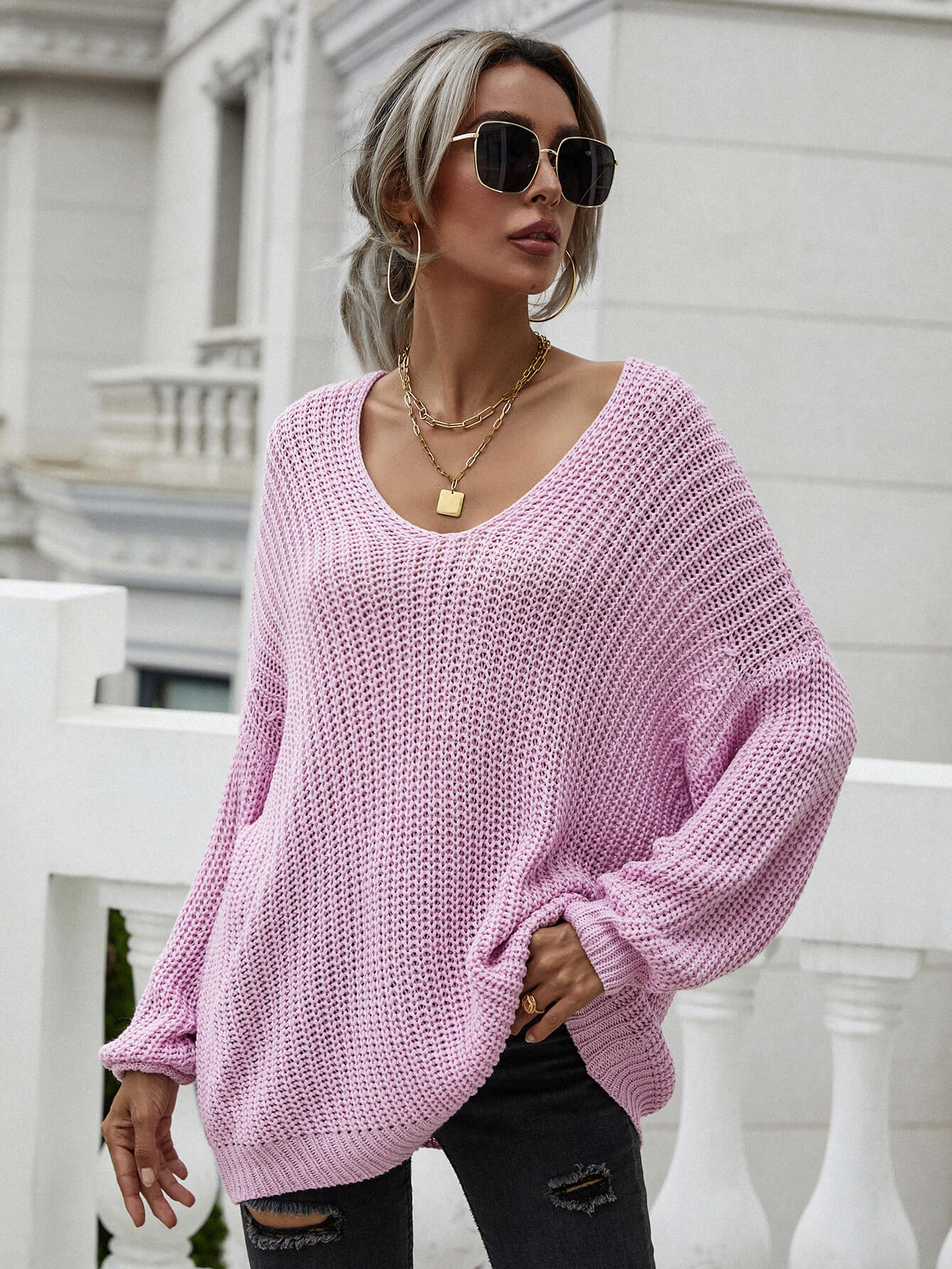 swvws Rib-Knit Drop Shoulder V-Neck Pullover Sweater