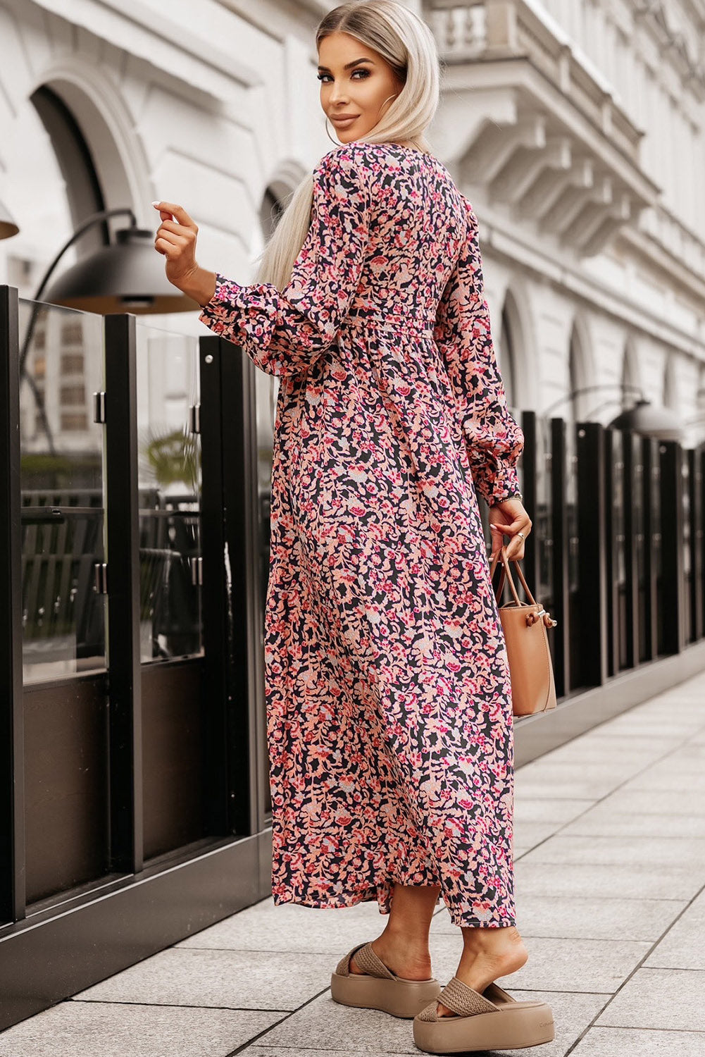 swvws Printed V-Neck Long Sleeve Maxi Dress