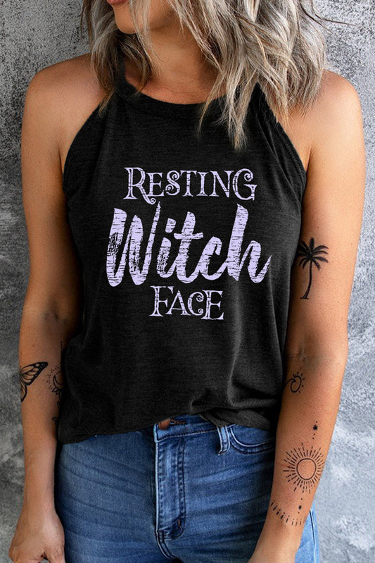 swvws Round Neck RESTING WITCH FACE Graphic Tank Top