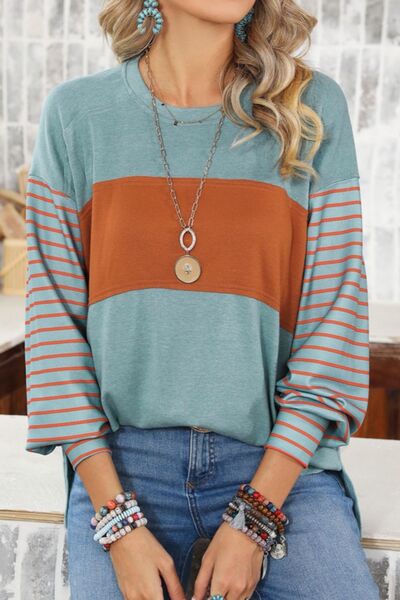 swvws Striped Round Neck Lantern Sleeve Sweatshirt