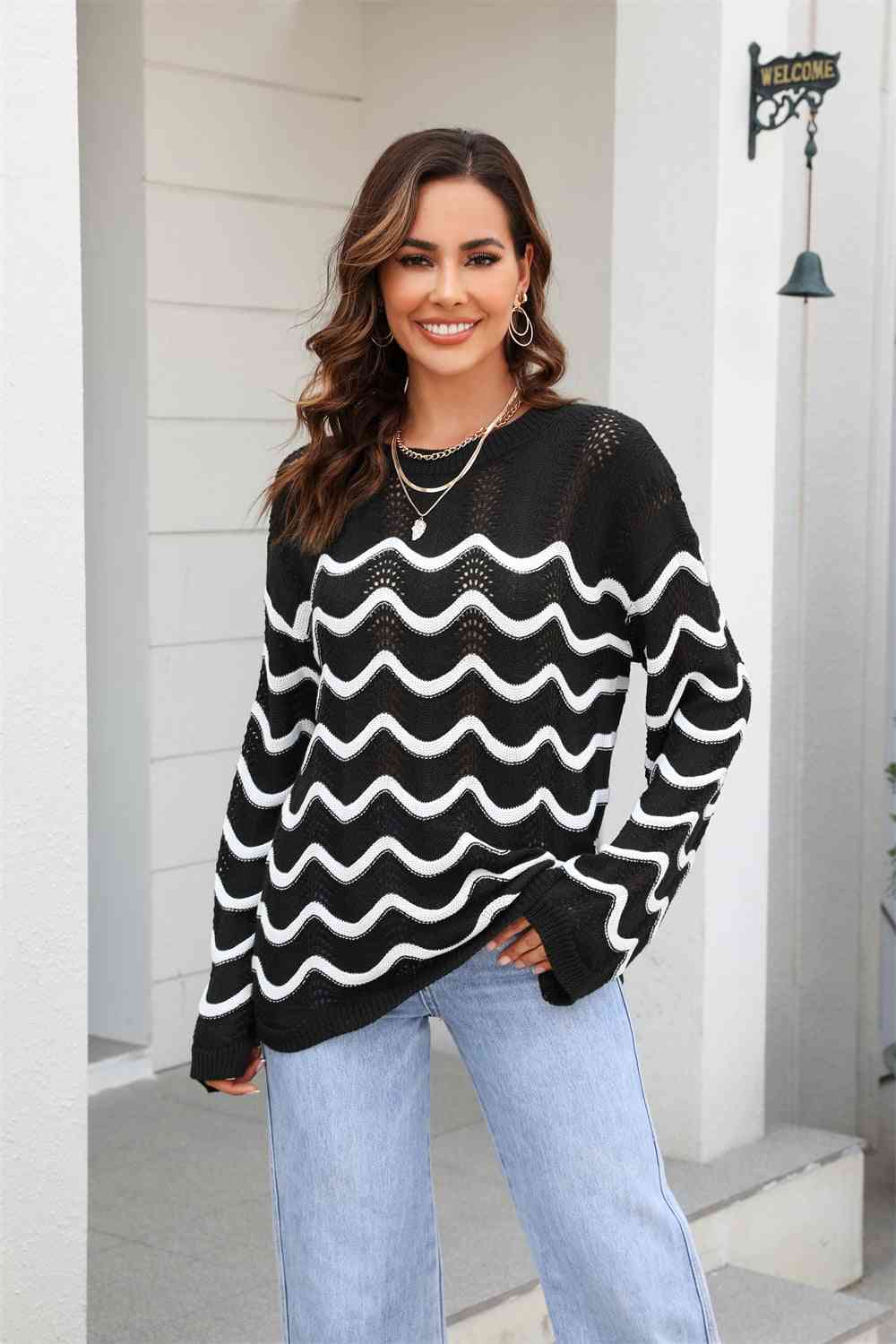 swvws Wave Pattern Round Neck Long Sleeve Sweater